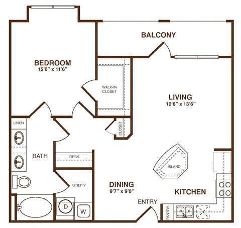 Floor plan for 1 bed, 1 bath, 861 sqft